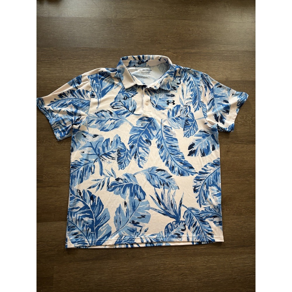 Under Armour Playoff Polo Shirt Mens 2XL XXL‎ Hawaiian Blue Floral Print Golf